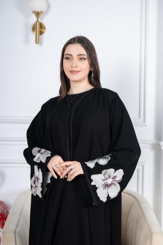 عباية نص كلوش بتطريز ورد كمبيوتر سمري على موڤ