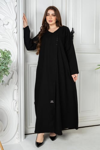 عباية كتان مقلم بأزرار ديكور أنيقة