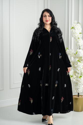 عباية مخمل تيجان فاخرة بتطريز ورود ملون