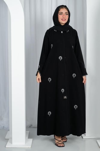 عباية كريب تيجان درجة أولى نص كلوش بأكمام مطرزة يد...