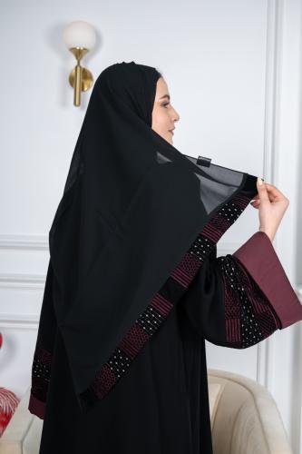 عباية كريب فيراري درجة أولى بتطريز عنابي وذهبي