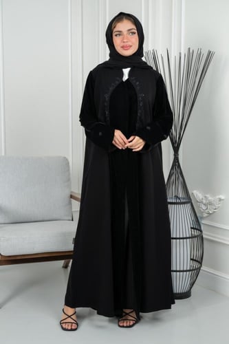 عباية كريب فخامة مع مخمل كريتيون وشك يدوي على أطرا...