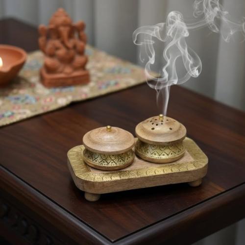 طقم مبخرة فاخر خشب طبيعي مطعم بالنحاس