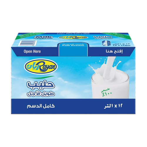 ريان حليب طويل الاجل كامل الدسم 100%طبيعي 3*4*1لتر