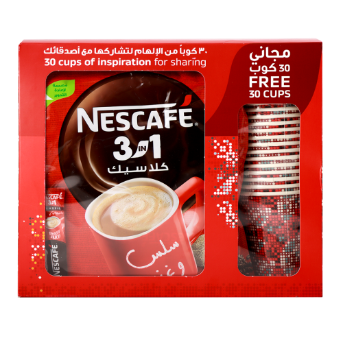 نسكافيه 3في1 قهوة كلاسيك 30*20جم+30كاس مجانا