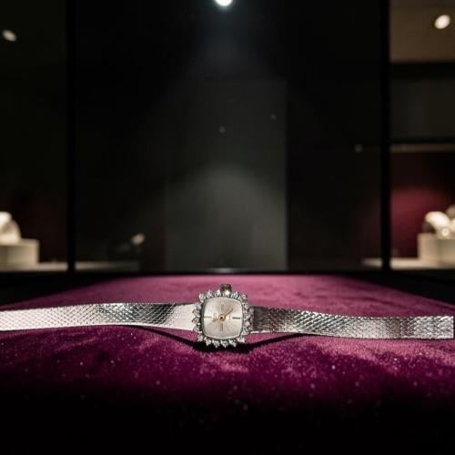 ساعة فنتج فاخره وأنيقة ماركة Vulcain السويسرية. بسوار ناعم مطلي ذهب ابيض وميناء مميز مزين بحبات الالماس الطبيعي . من ثمانينات القر...