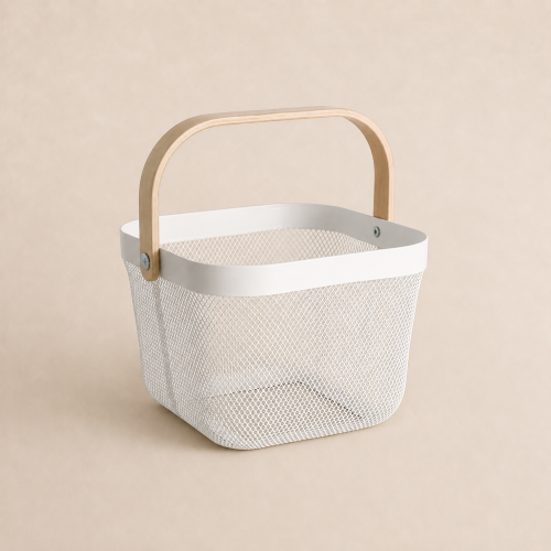 White basket with wooden handle