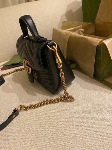 Gucci Black Leather GG Marmont Mini Top Handle Bag