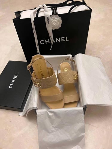 Beige Textured Leather CC Turnlock Ankle Strap hee...