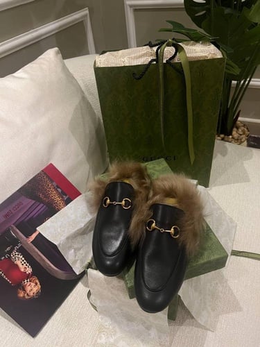 Black Gucci Princetown Fur and Leather Mules