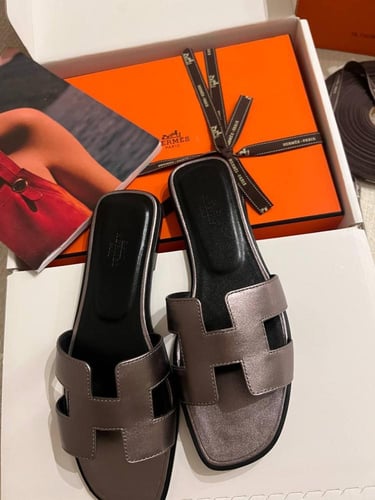 Hermes Metallic Brown Leather Oran Flat Slides