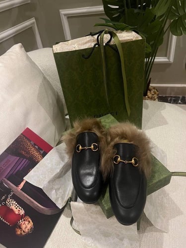 Black Gucci Princetown Fur and Leather Mules