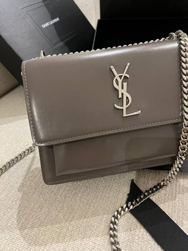 YSL Grey Leather Medium Sunset Shoulder Bag