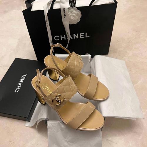 Beige Textured Leather CC Turnlock Ankle Strap hee...
