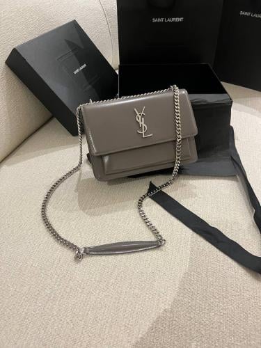 YSL Grey Leather Medium Sunset Shoulder Bag