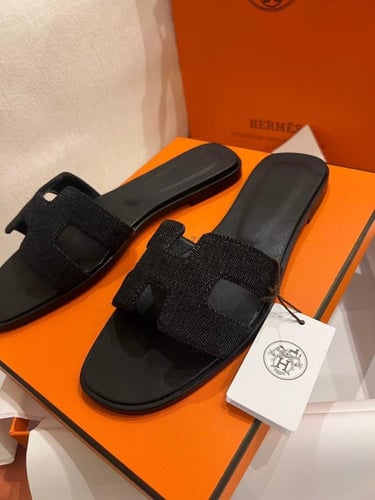 Hermes black fabric Oran sandals