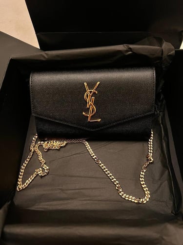 YSL Black Leather Uptown Wallet on Chain