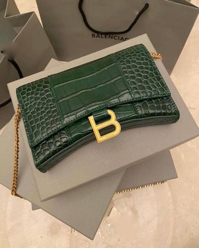 Balenc Dark green Croc Embossed Leather Mini Hourg...