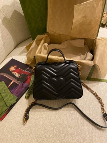 Gucci Black Leather GG Marmont Mini Top Handle Bag
