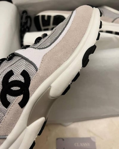 Chanel White Mesh and Suede Low Top Sneakers