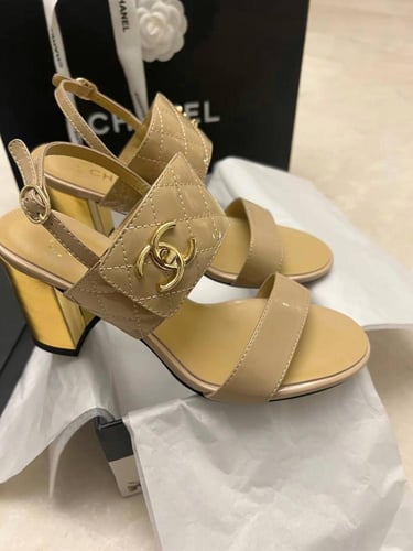 Beige Textured Leather CC Turnlock Ankle Strap hee...