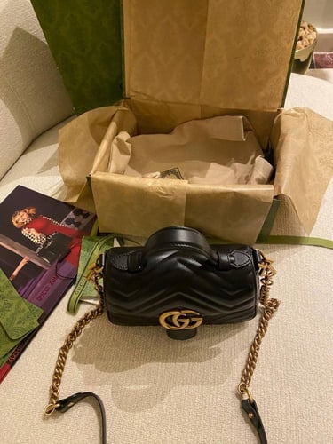 Gucci Black Leather GG Marmont Mini Top Handle Bag