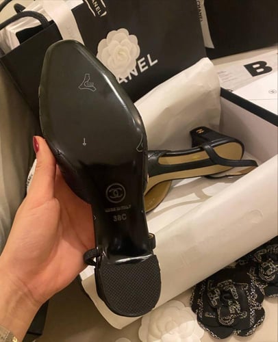 Black Leather and Fabric Cap Toe CC Slingback heel...