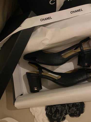 Black Leather and Fabric Cap Toe CC Slingback heel...