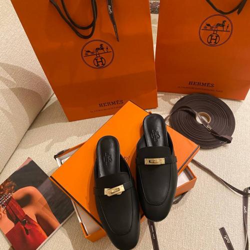 Hermes open toe flat shoes for women, black