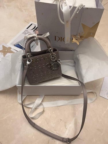 Dior Grey Cannage Satin Mini Beads Lady Dior Tote