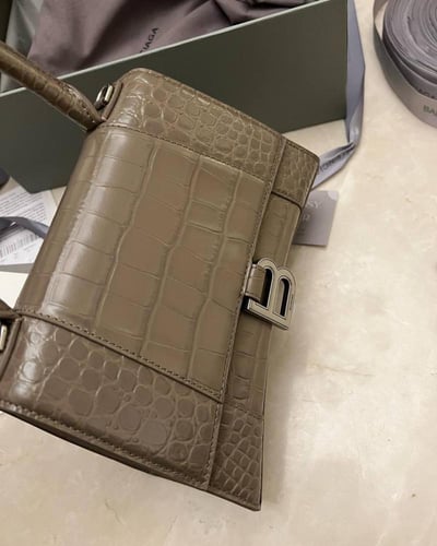 Balenc Dark Beige Croc Embossed Leather Small Hour...