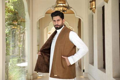 سديري رسمية كشمير فاخر لون جملي مبطن فرو بني دافئ