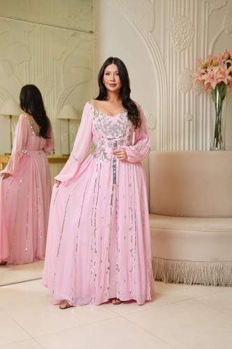 فستان لاطلاله عصريه بخامه شيفون حرير لون بينك مشغو...