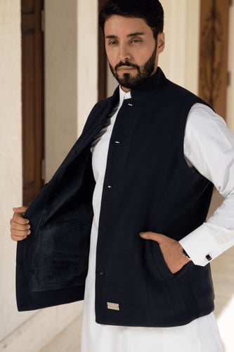 سديري جوخ ساده اللون كحلي - مبطن فرو كحلي