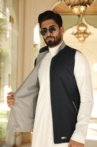 سديري بخامة كشمير دافئ وناعم دبل فيس - كحلي/ رمادي...