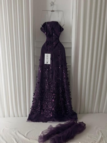 فستان موف مشجر على اكمام تل