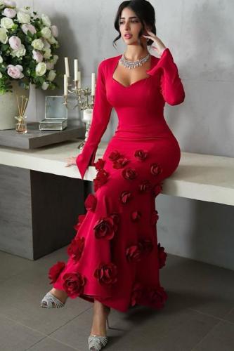 فستان سهره ناعم طويل بلون احمر ناري انيق