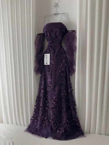 فستان موف مشجر على اكمام تل