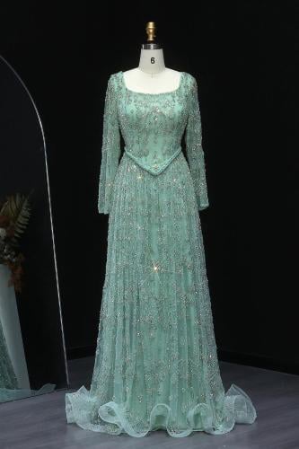 RC507 - فستان سهره كورسيه شك اخضر اكمام طويلة