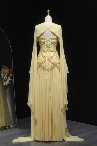 619 - فستان سهره مع كورسيه مشكوك و اكمام - اصفر