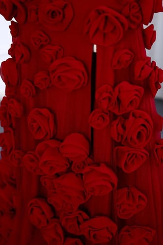 RC52 - فستان ماروني مع زهور ثلاثية الابعاد