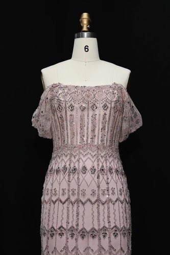 RC401 - فستان سهره شك يدوي ثقيل اوف شولدر - وردي