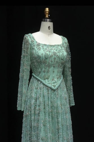 RC507 - فستان سهره كورسيه شك اخضر اكمام طويلة