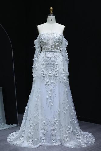 RC04 - فستان سهره مزين بزهور ثلاثية الابعاد ابيض