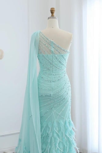 RC140 - فستان شولدر واحد تركواز مع ريش