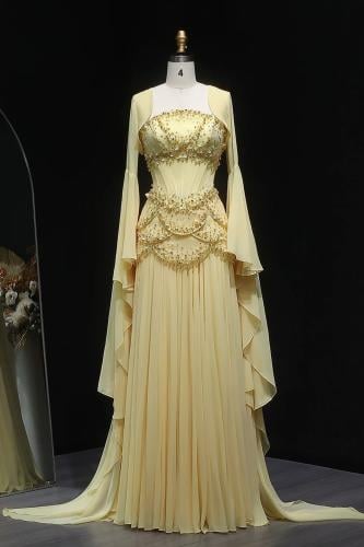 619 - فستان سهره مع كورسيه مشكوك و اكمام - اصفر