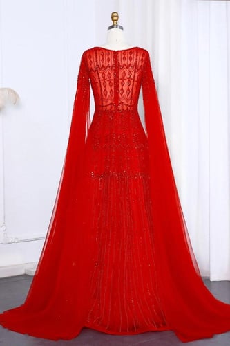 RC501 - فستان سهره شك يدوي مع اكمام كيب - احمر