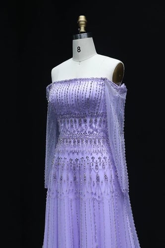 RC232 - فستان سهره شك يدوي اوف شولدر بنفسجي