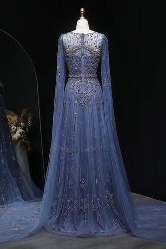 639 - فستان ازرق فاخر شك يدوي كامل اكمام كاب