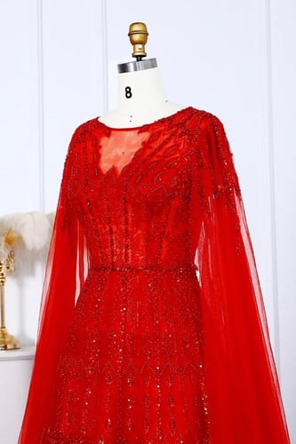 RC501 - فستان سهره شك يدوي مع اكمام كيب - احمر